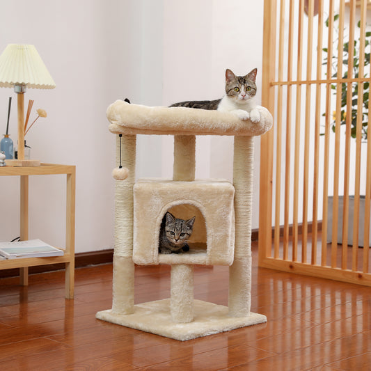 Cat Tree Plush Tower with Beige Condos, Spacious Perch, Scratching Sisal Posts Dangling Balls