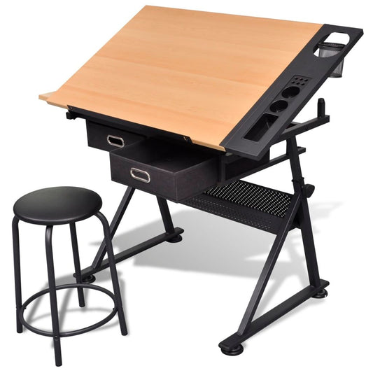 Tabletop Two Drawers Tiltable Drawing Table with Stool