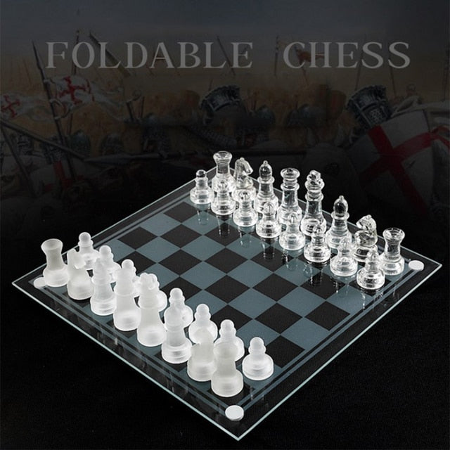 Glass Chess Game Set Functional Solid Glass Chess Board with Clear Frosted Glass Pieces Board Games for Kids Adults--20x20cm