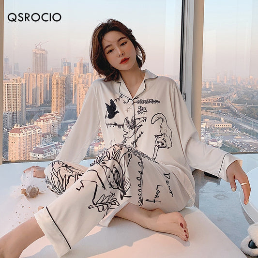 QSROCIO Women&#39;s Pajamas Set Luxury Style Fashion Natural Animal Graffiti Sleepwear Silk Like Leisure Home Clothes Nightwear