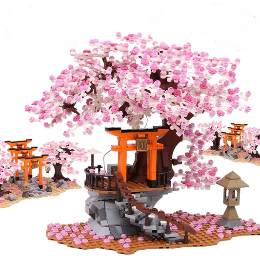 Classic Block City Street View Sakura Inari Shrine Bricks Friends Cherry Blossom House Tree Building Blocks Toys Kids