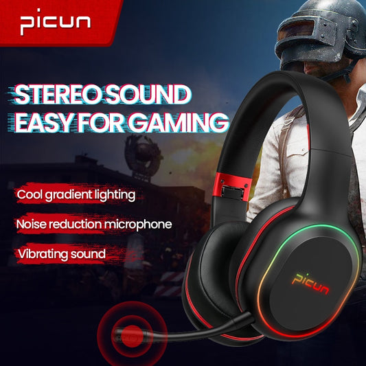 Picun Wireless Headphones for Cellphone Gamer Low-Latency Bluetooth Headset, With RGB Light, HIFI Stereo Vibration Sound