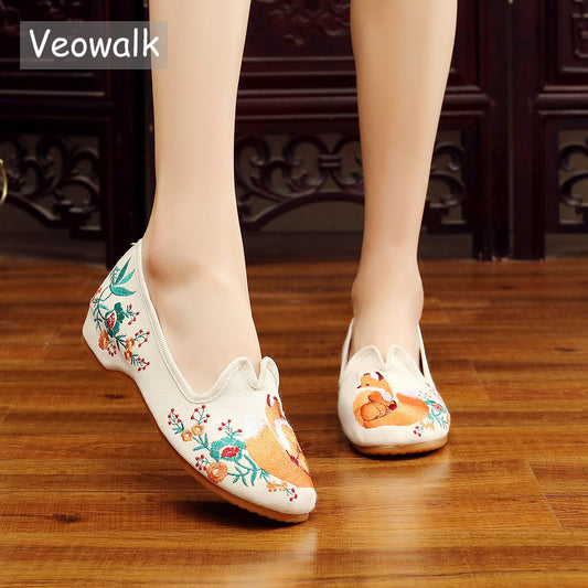 Casual Canvas Embroidered Ballet Flats Vintage Shoes