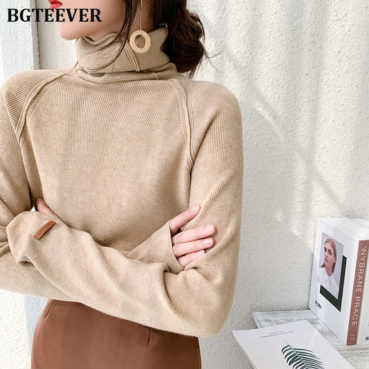 BGTEEVER Autumn Winter Turtleneck Women Sweater Elegant Slim Female Knitted Pullovers Casual Stretched Sweater jumpers femme
