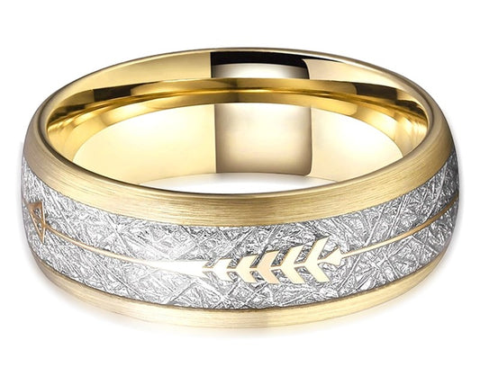 Tungsten Carbide Ring Wedding Band Meteorite Gold Arrow Inlay Comfort Fit