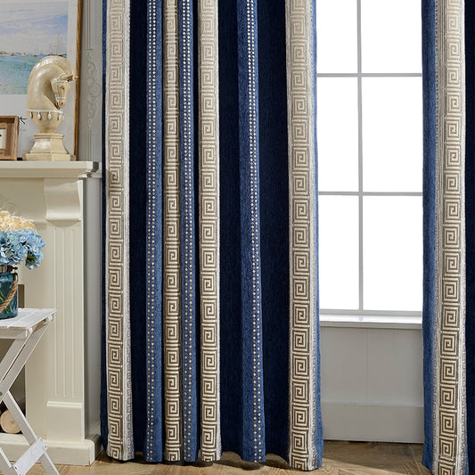 Chinese Luxury Navy Geometric Stripe Shading Curtain Chenille   Curtians For Living Room Studyroom Drapes Villa Home Decoration