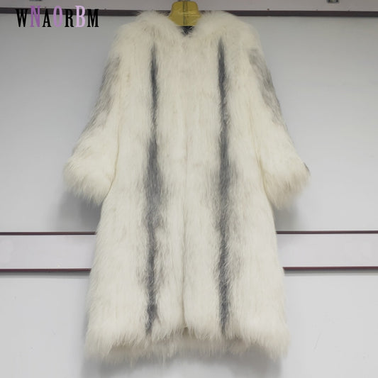 Fox Fur Woven Coat long with hat long Real Fox Fur coat thickened warm, light
