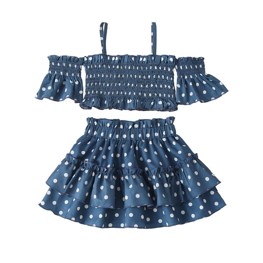 New Western style blue polka dot girls print summer skirt suit fashion suspenders solid color children's cake skirt children's clothing