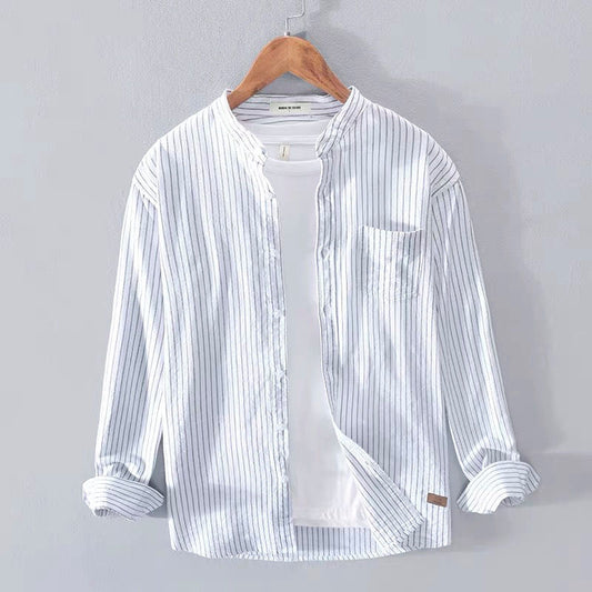 Men's Long Sleeve Shirt Stand Collar Breathable Round Neck Casual Shirt