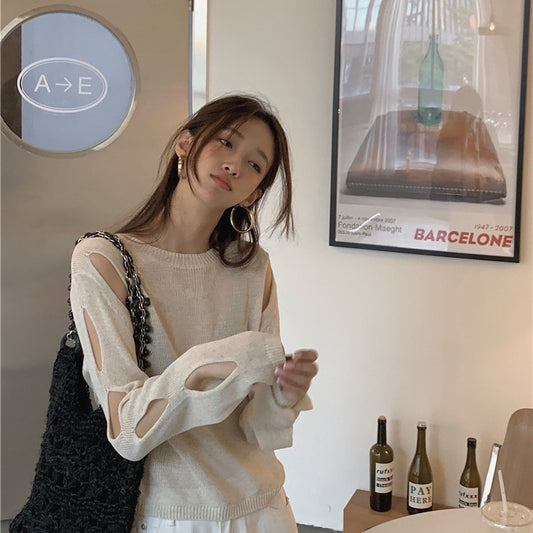 Cut cave hollow long-sleeved sweater