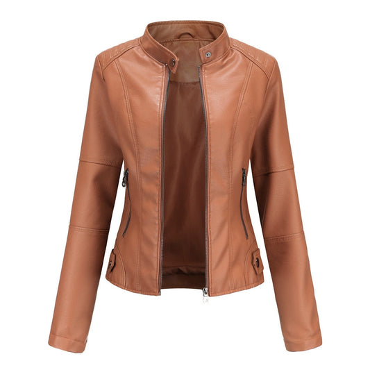 Faux Leather Zipper Jacket For Woman