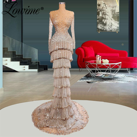 Lowime Beaded Tiered Evening Dresses